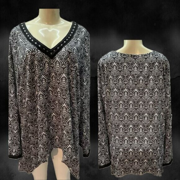 Maria Gabriell Jrs 3X Black Print Crochet Beaded Neck Hanky Hem Long Sleeve Top - Picture 1 of 6